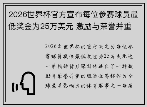2026世界杯官方宣布每位参赛球员最低奖金为25万美元 激励与荣誉并重